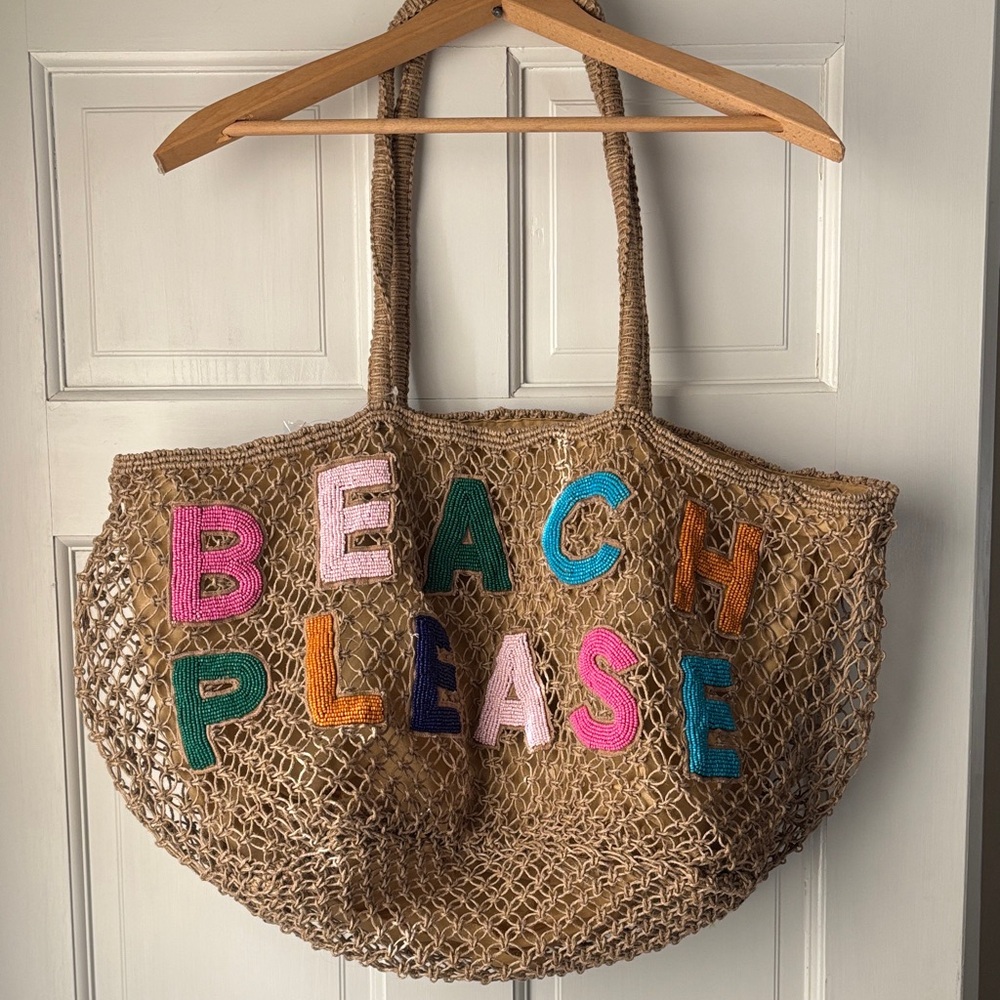 Beach Please Crochet Tote Bag - Natural with Multicolor Letters
